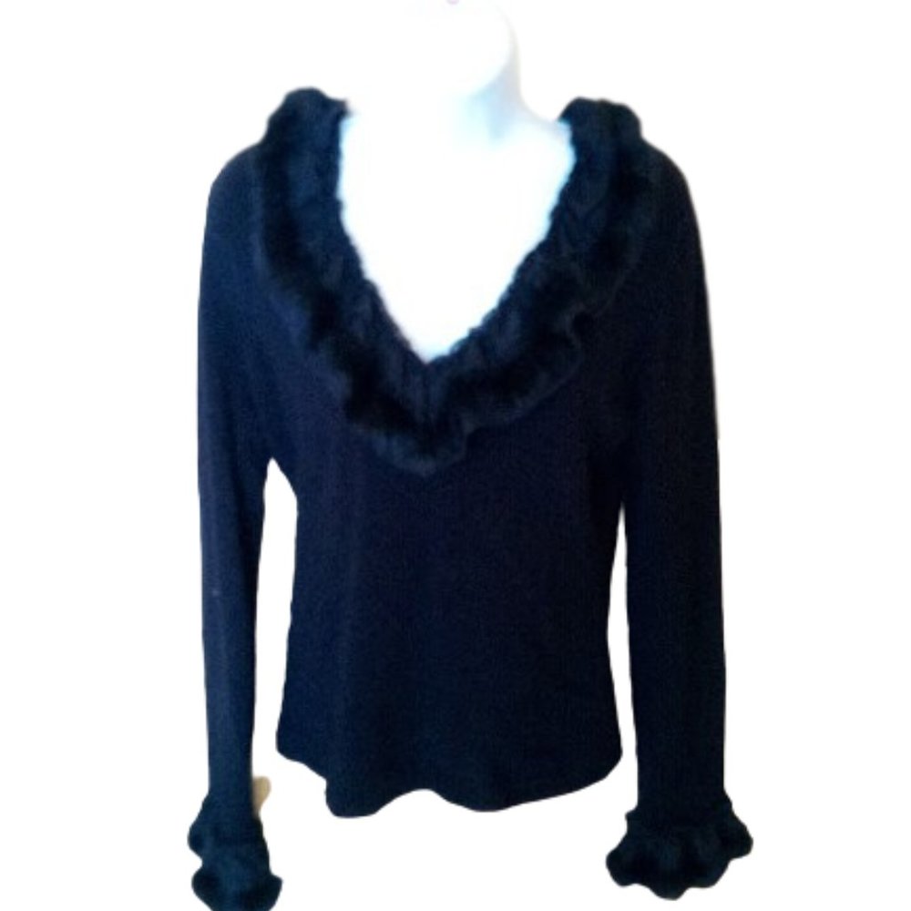 Black Long Sleeve Sweater with Faux  Fur Trim Size Large